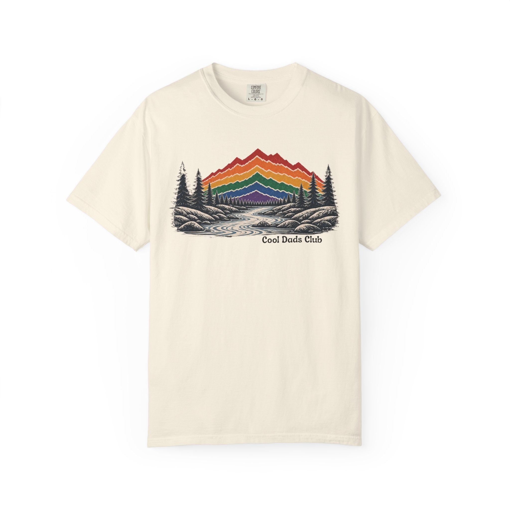 Rainbow Mountain Landscape T-Shirt | Retro Peaks, Pine Trees, River Scene