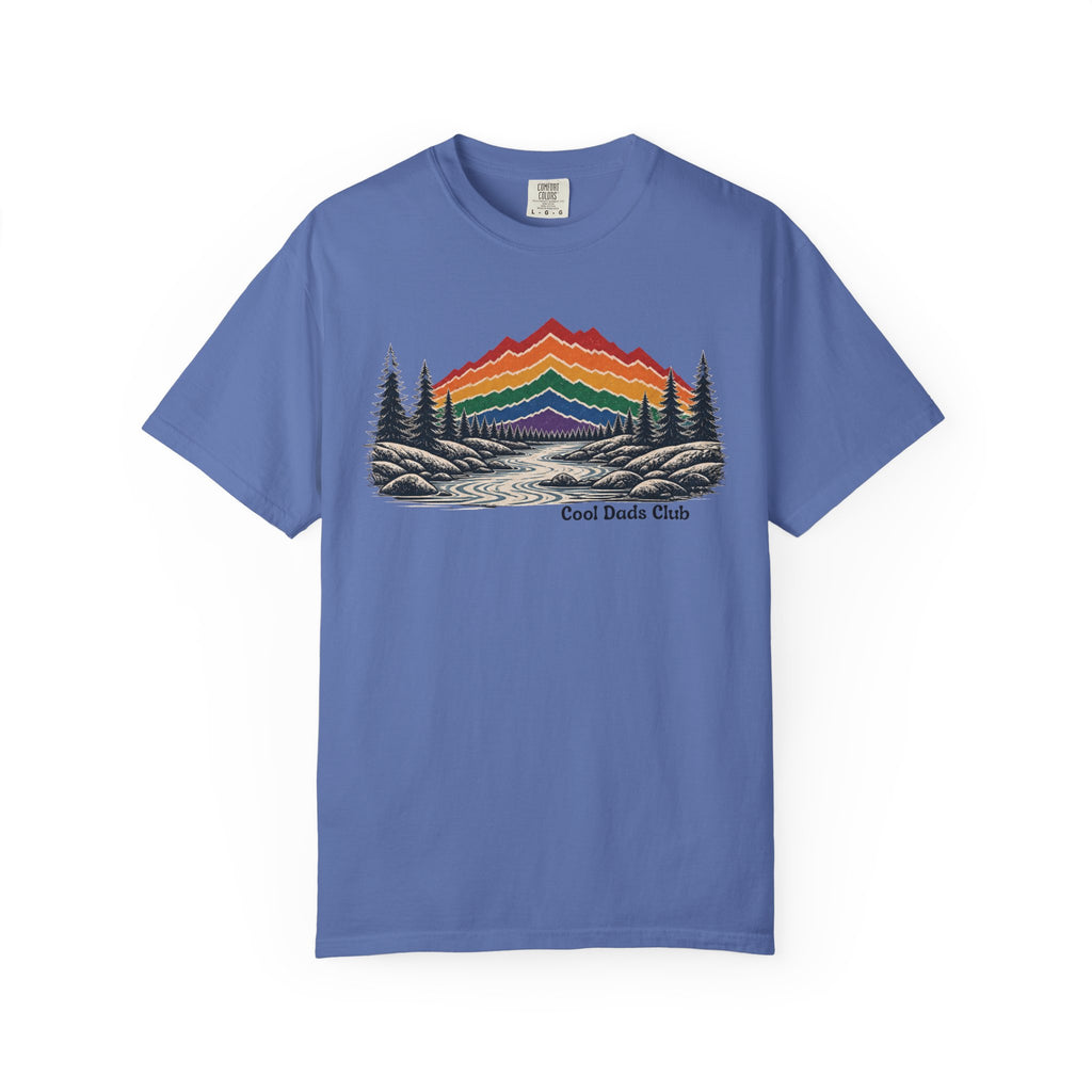 Rainbow Mountain Landscape T-Shirt | Retro Peaks, Pine Trees, River Scene