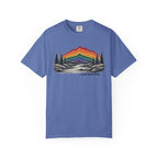 Rainbow Mountain Landscape T-Shirt | Retro Peaks, Pine Trees, River Scene