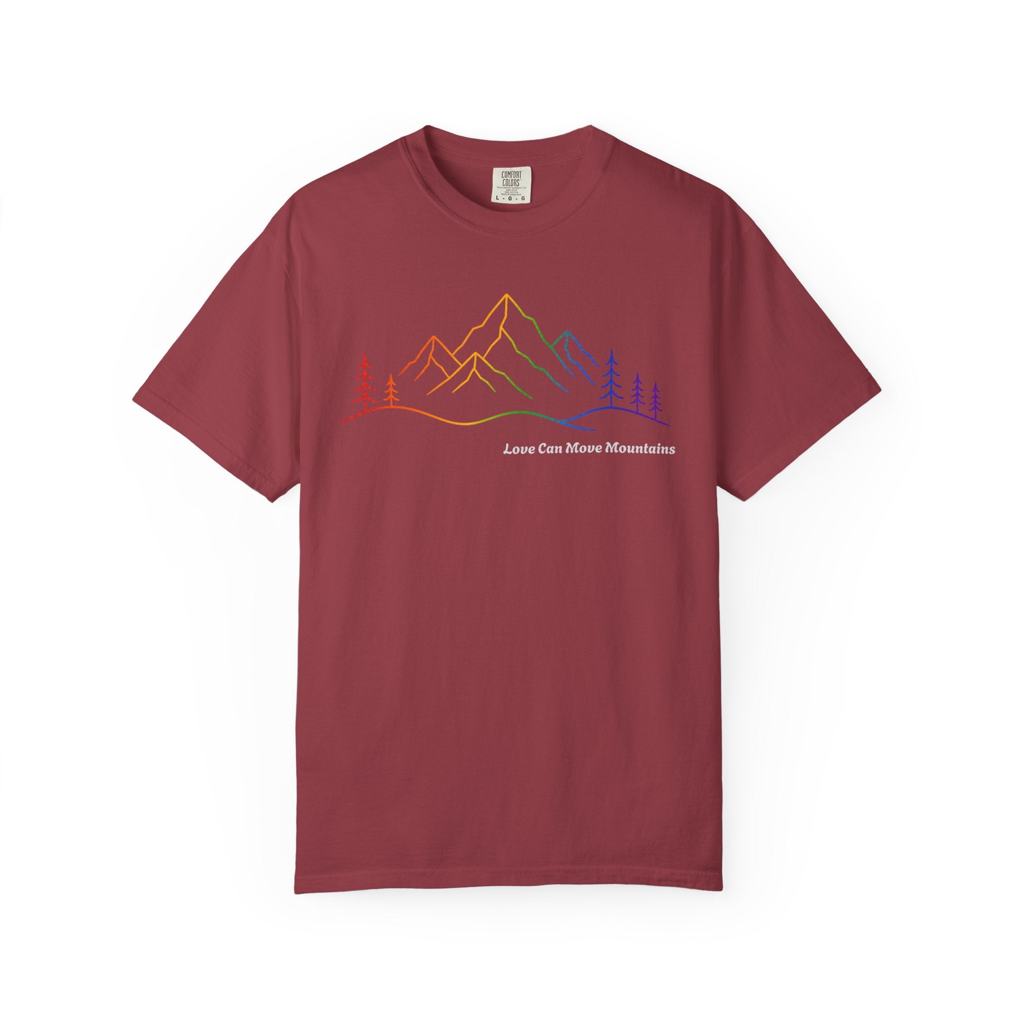 Mountain Line Art T-Shirt — "Love Can Move Mountains" Rainbow Graphic