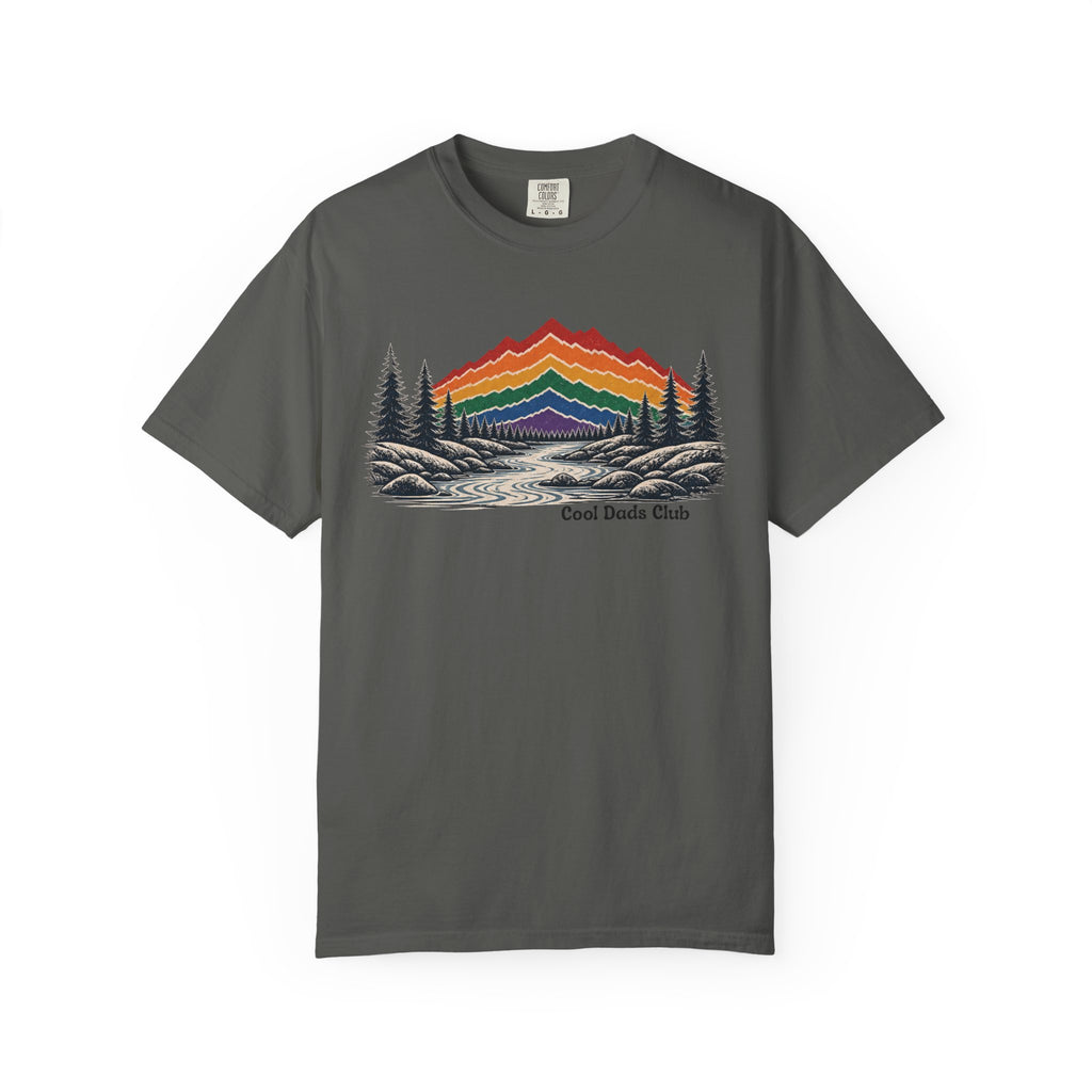 Rainbow Mountain Landscape T-Shirt | Retro Peaks, Pine Trees, River Scene
