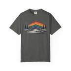 Rainbow Mountain Landscape T-Shirt | Retro Peaks, Pine Trees, River Scene