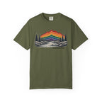 Rainbow Mountain Landscape T-Shirt | Retro Peaks, Pine Trees, River Scene