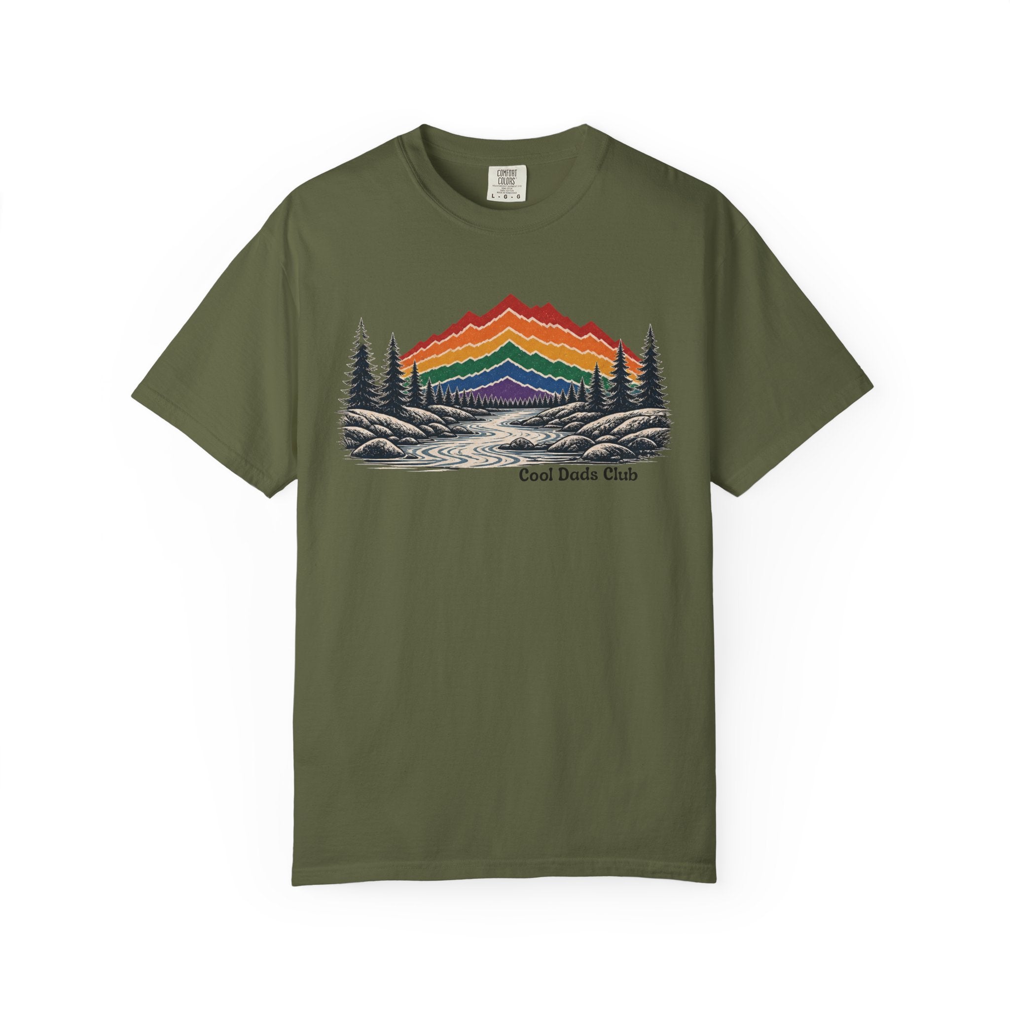 Rainbow Mountain Landscape T-Shirt | Retro Peaks, Pine Trees, River Scene