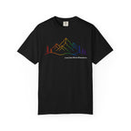 Mountain Line Art T-Shirt — "Love Can Move Mountains" Rainbow Graphic