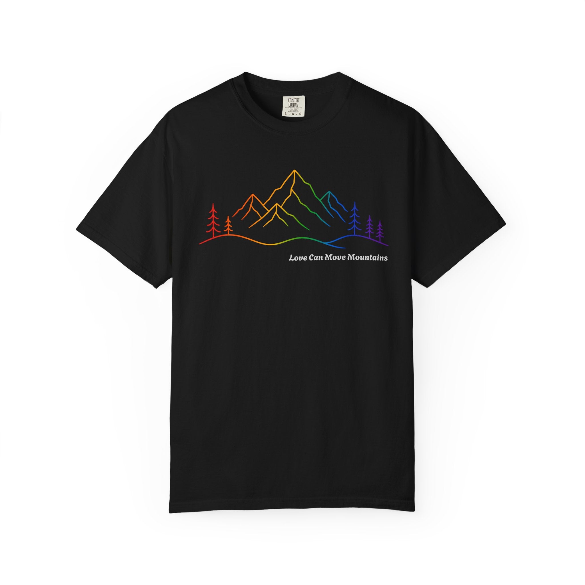 Mountain Line Art T-Shirt — "Love Can Move Mountains" Rainbow Graphic