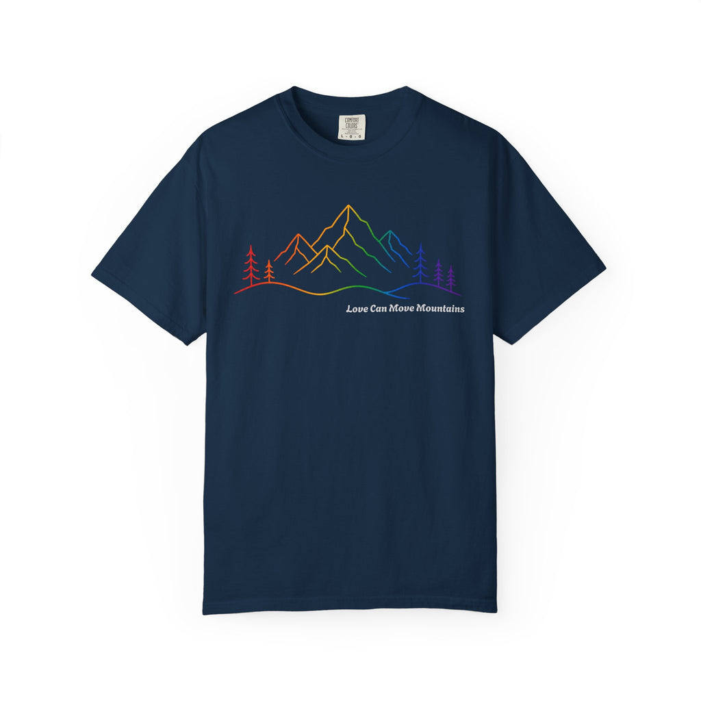 Mountain Line Art T-Shirt — "Love Can Move Mountains" Rainbow Graphic