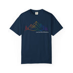 Mountain Line Art T-Shirt — "Love Can Move Mountains" Rainbow Graphic