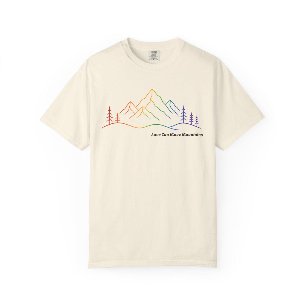 Mountain Line Art T-Shirt — "Love Can Move Mountains" Rainbow Graphic