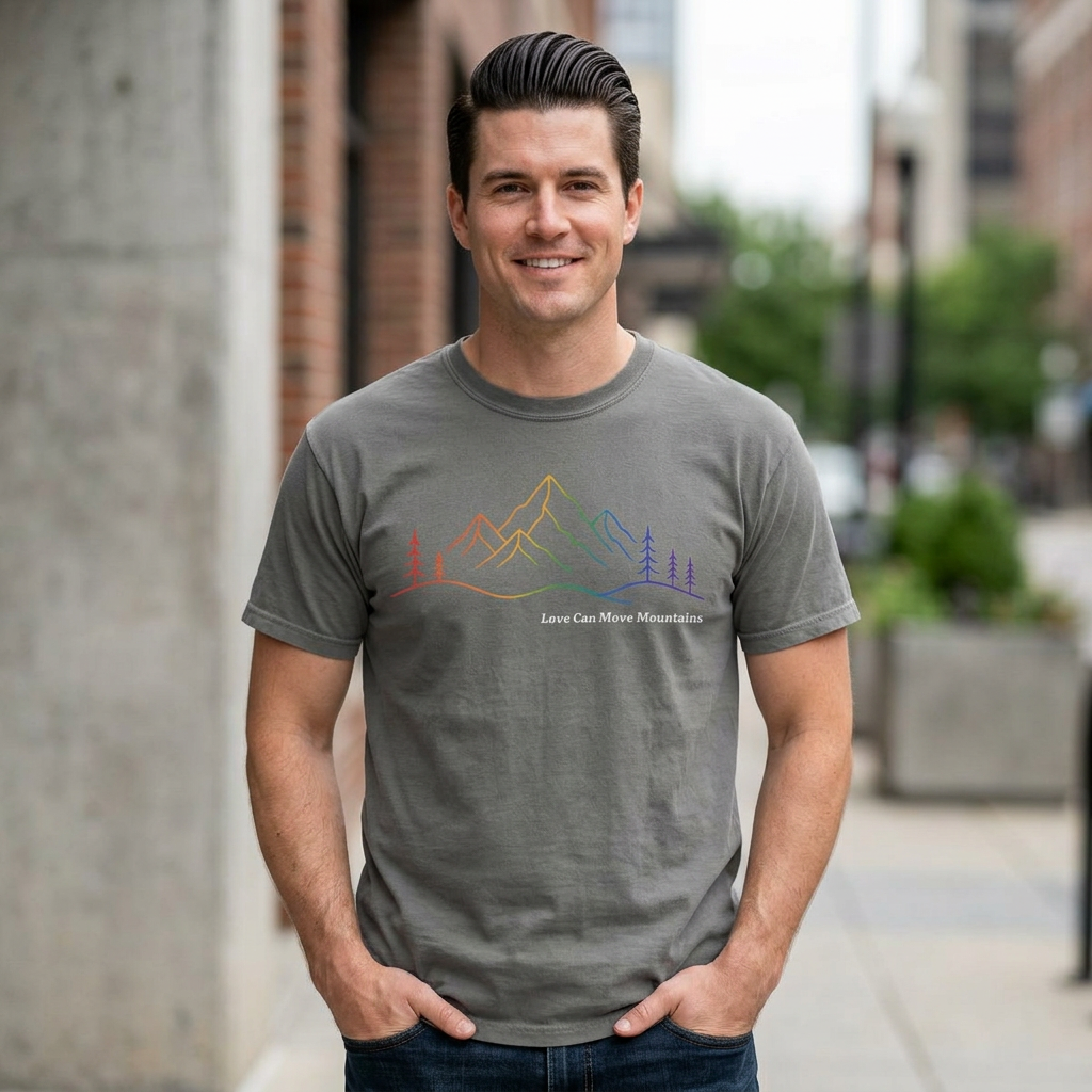 Mountain Line Art T-Shirt — "Love Can Move Mountains" Rainbow Graphic