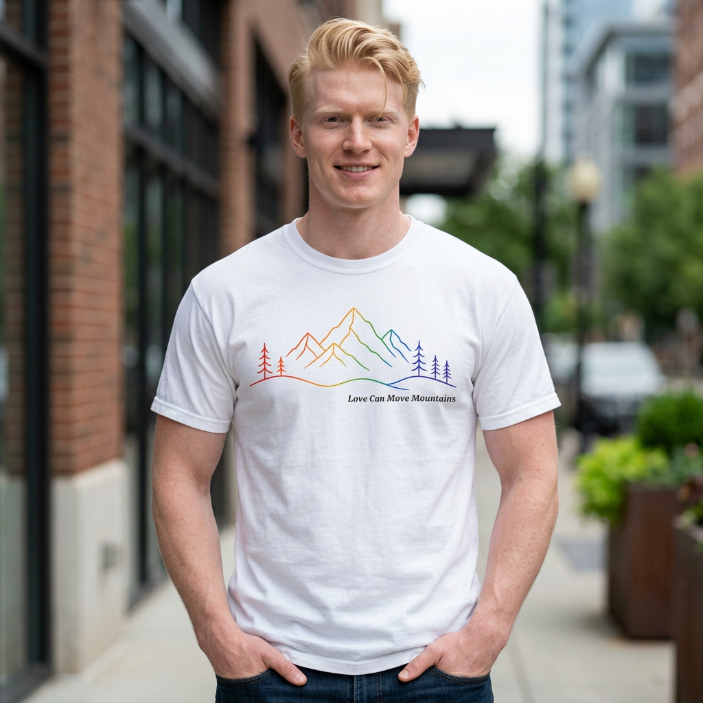 Mountain Line Art T-Shirt — "Love Can Move Mountains" Rainbow Graphic