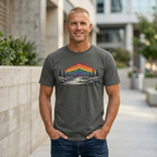 Rainbow Mountain Landscape T-Shirt | Retro Peaks, Pine Trees, River Scene