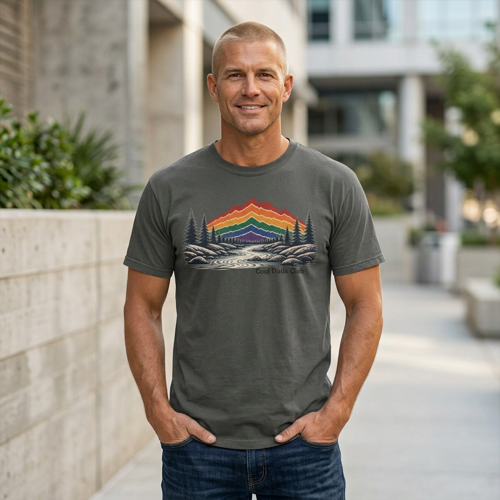 Rainbow Mountain Landscape T-Shirt | Retro Peaks, Pine Trees, River Scene