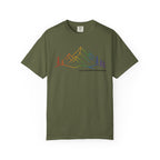 Mountain Line Art T-Shirt — "Love Can Move Mountains" Rainbow Graphic
