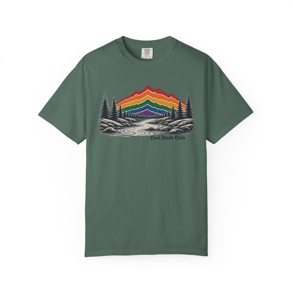 Rainbow Mountain Landscape T-Shirt | Retro Peaks, Pine Trees, River Scene