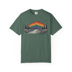 Rainbow Mountain Landscape T-Shirt | Retro Peaks, Pine Trees, River Scene