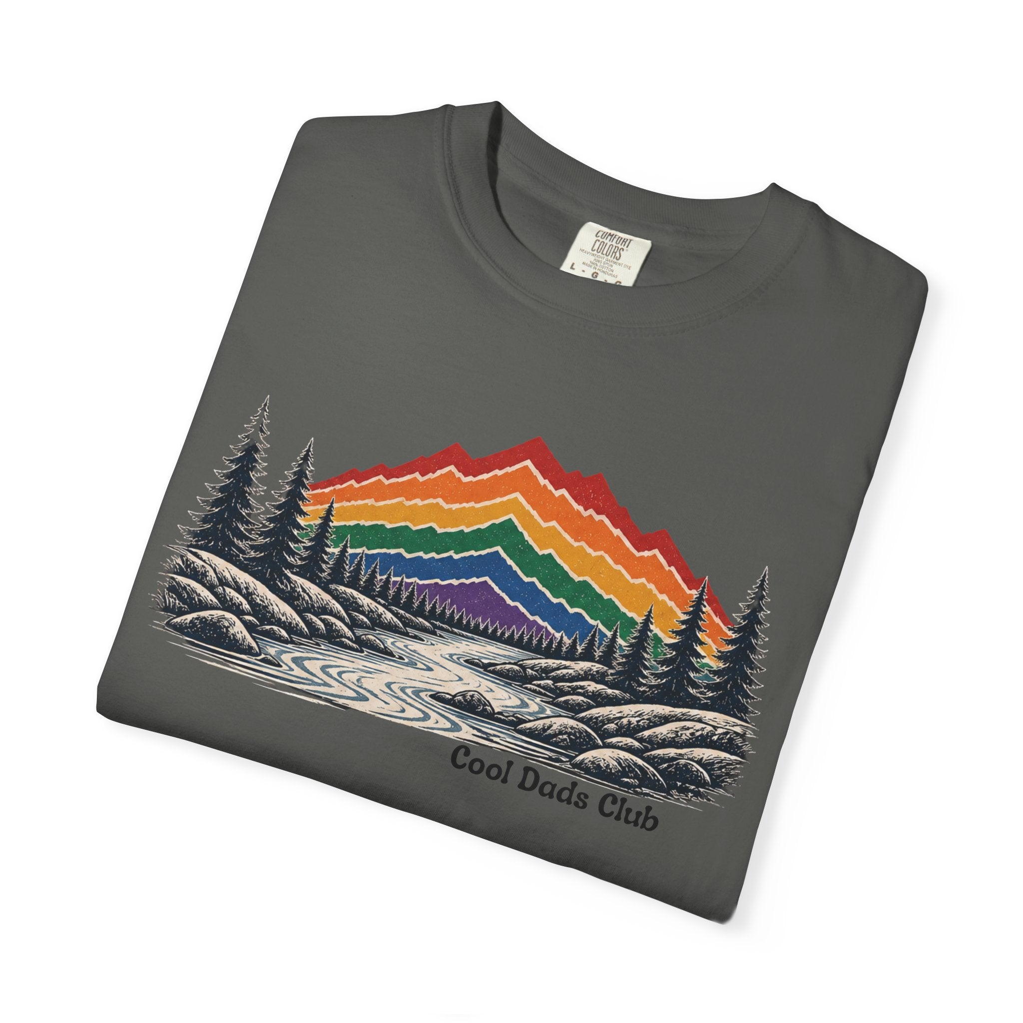 Rainbow Mountain Landscape T-Shirt | Retro Peaks, Pine Trees, River Scene