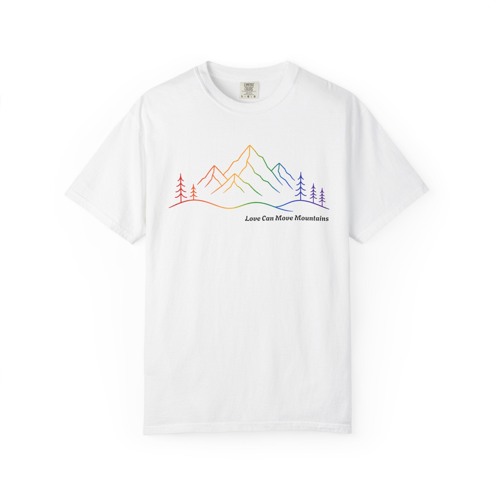 Mountain Line Art T-Shirt — "Love Can Move Mountains" Rainbow Graphic