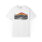 Rainbow Mountain Landscape T-Shirt | Retro Peaks, Pine Trees, River Scene
