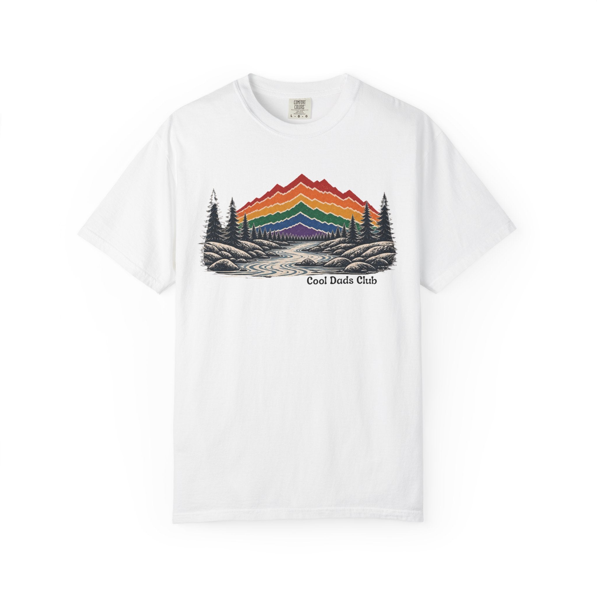 Rainbow Mountain Landscape T-Shirt | Retro Peaks, Pine Trees, River Scene