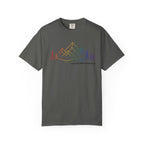 Mountain Line Art T-Shirt — "Love Can Move Mountains" Rainbow Graphic