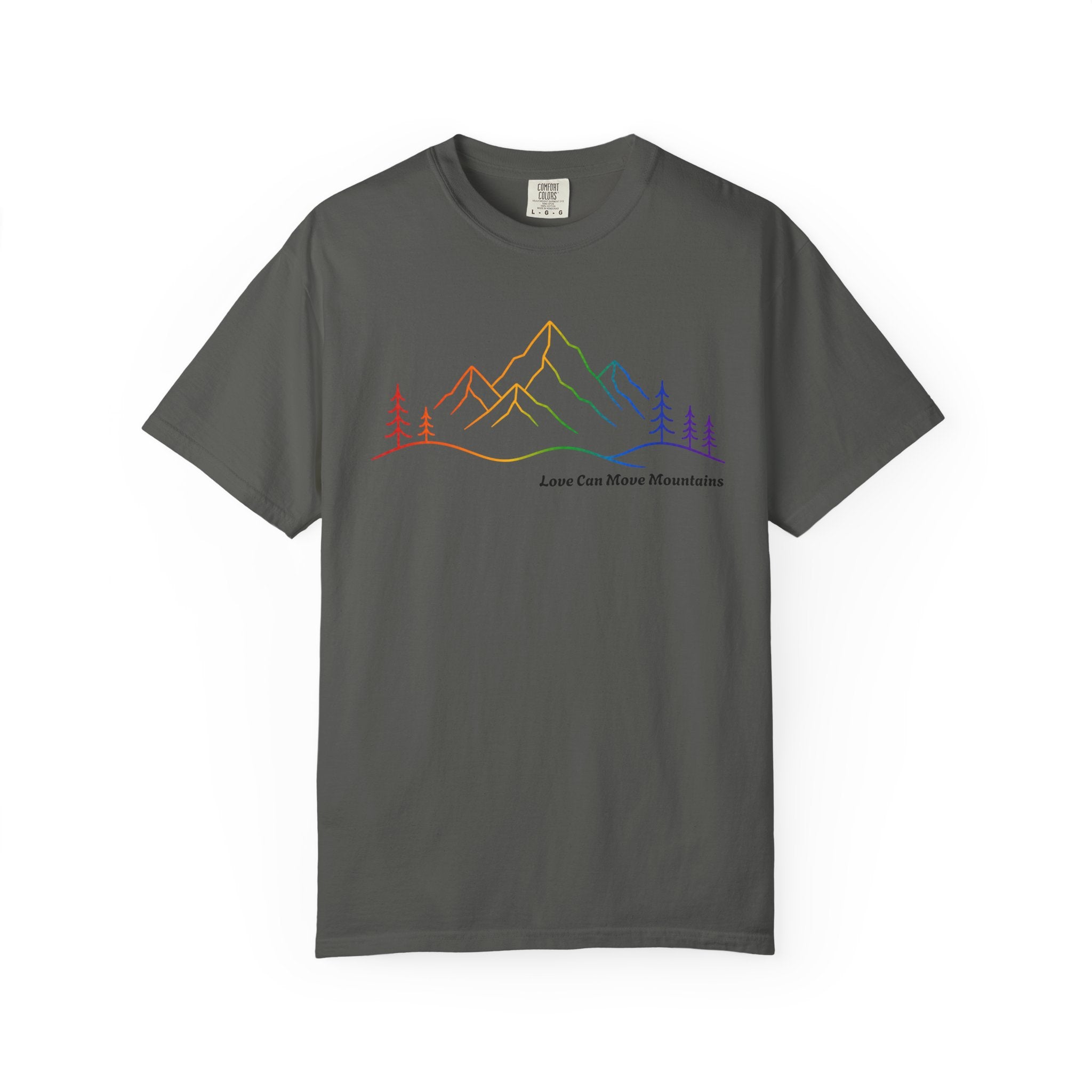 Mountain Line Art T-Shirt — "Love Can Move Mountains" Rainbow Graphic