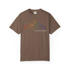 Mountain Line Art T-Shirt — "Love Can Move Mountains" Rainbow Graphic