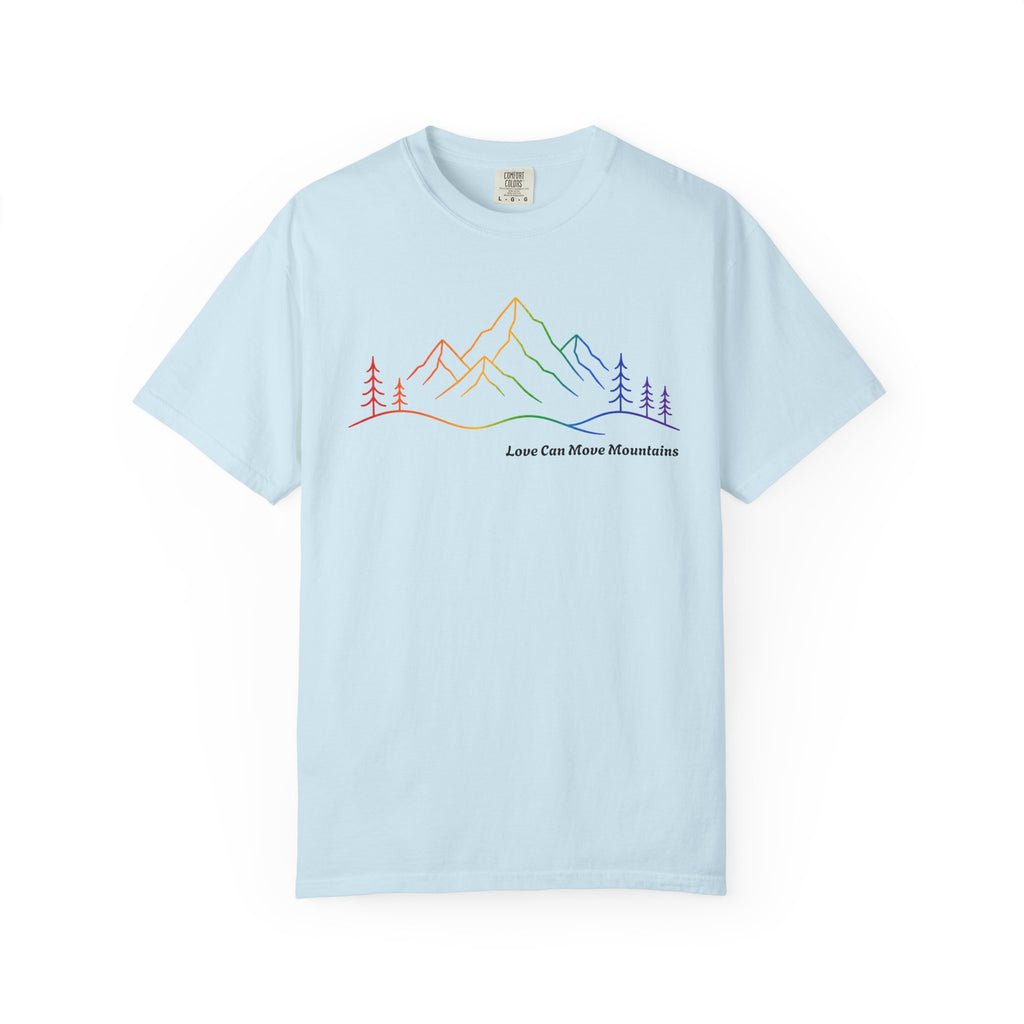 Mountain Line Art T-Shirt — "Love Can Move Mountains" Rainbow Graphic