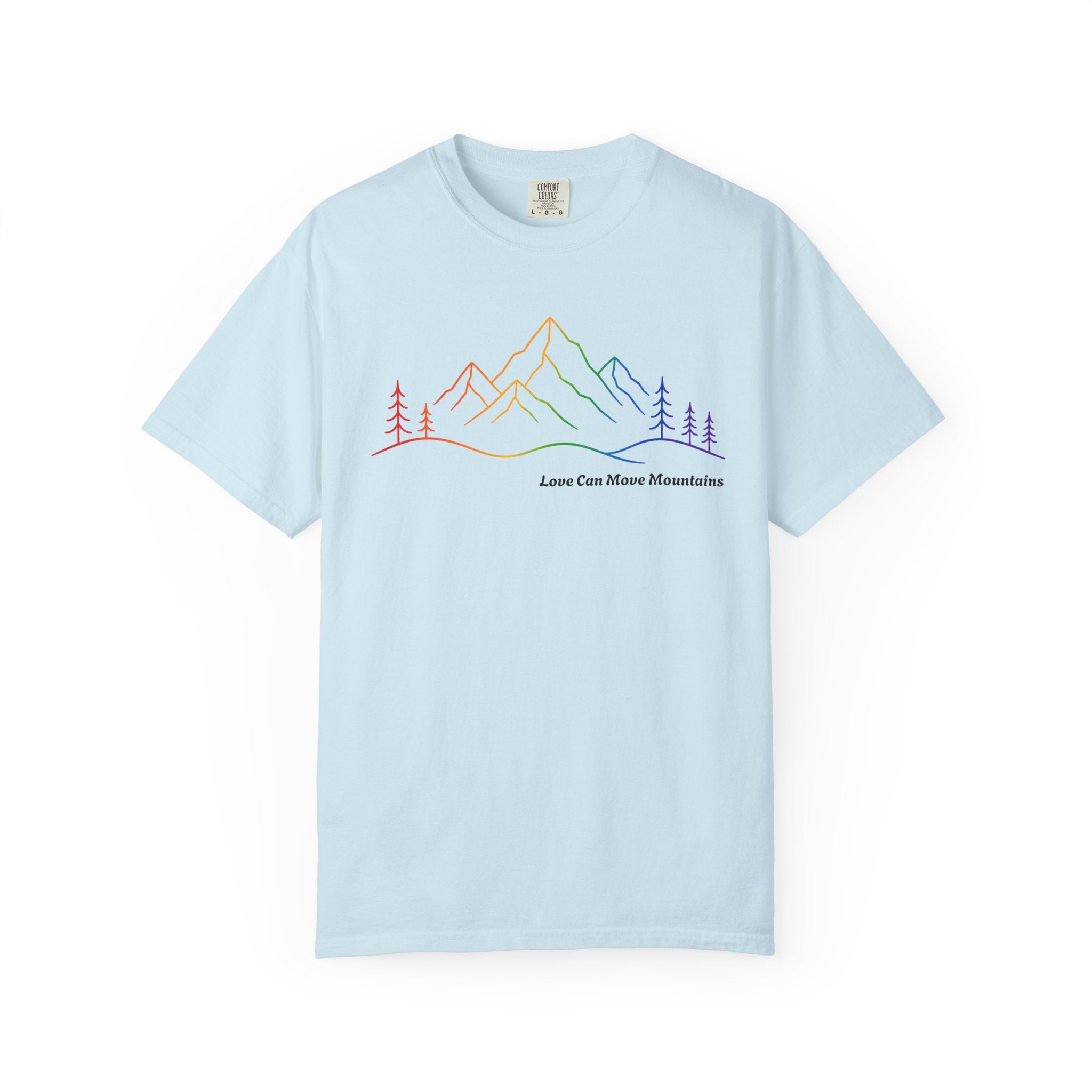 Mountain Line Art T-Shirt — "Love Can Move Mountains" Rainbow Graphic