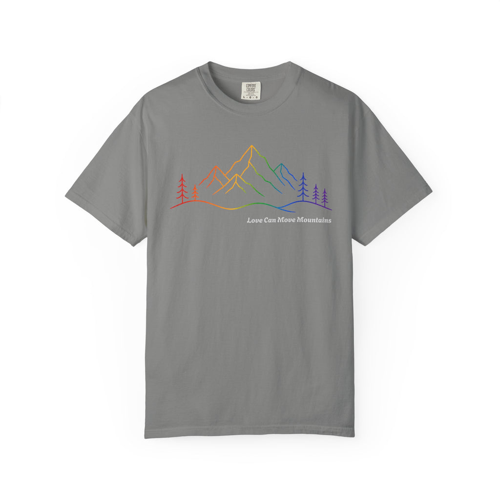 Mountain Line Art T-Shirt — "Love Can Move Mountains" Rainbow Graphic
