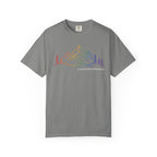 Mountain Line Art T-Shirt — "Love Can Move Mountains" Rainbow Graphic